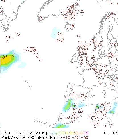 Figura 11. Análisis GFS, 17 de agosto de 2010, 00:00 UTC de la Energía Potencial Convectiva Disponible (CAPE) en m2/s2/100 (campos de color) con escala de colores, abajo a la izquierda. También está analizada la velocidad vertical 700 hPa (hPa/h; líneas discontinuas) con escala de colores.