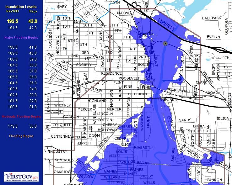 Figura 16. Mapa de una zona de inundación (azul oscuro) producida por el Sistema de Predicción Hidrológica Avanzada. Desde la página web del Servicio Meteorológico Nacional de EE.UU., oficina de Tallahassee, Florida.