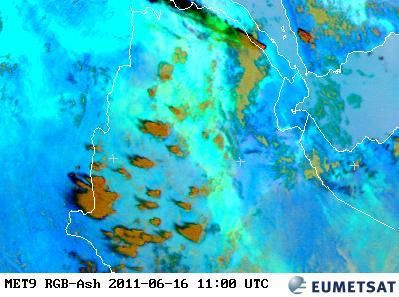 Imagen RGB-ash de cenizas del satélite europeo MSG del día 16 de junio de 2011 a las 11 UTC Imagen RGB-ash de cenizas del satélite europeo MSG del día 16 de junio de 2011 a las 11 UTC. Fuente: EUMETSAT.