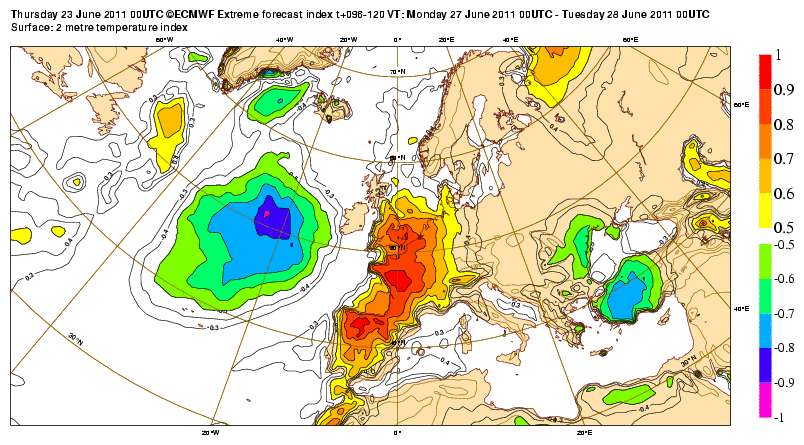 Ola de calor y mapas del EFI de la T2m: aplicación para el caso del 23- 27 de junio de 2011