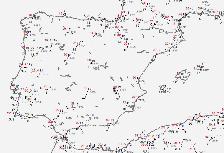 Fig. 2. Observaciones meteorológicas realizadas en los principales observatorios a las 15Z del día 8 de agosto de 2009. (Fuente: www.estofex.org)