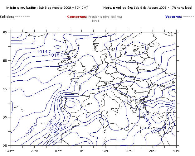 Fig. 3. Simulación de la presión a nivel del mar realizada por el modelo GFS inicializado a las 12h UTC del día 8 de agosto de 2009 para las 15Z del mismo día. Se trata de una situación típica de verano. El mínimo de presión se forma debido al intenso calor de la época estival.