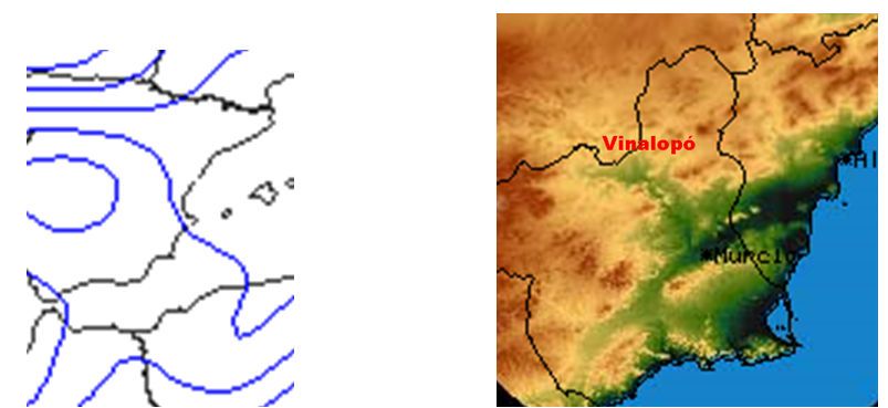 Fig. 4. A la izquierda: detalle del mapa anterior; a la derecha, mapa físico de la Región de Murcia donde se aprecia, con tonos verdes, el valle del Vinalopó.
