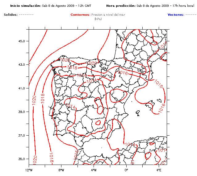 Fig. 5. Simulación de la presión a nivel del mar realizada por el modelo PROMES inicializado a las 12Z del día 8 de agosto de 2009 para las 15Z del mismo día. En este mapa delata la formación de nuevos centros de presión en el interior peninsular.