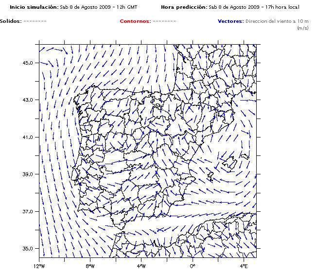 Fig. 6. Simulación de la dirección del viento a 10m por el modelo PROMES inicializado a las 12Z del día 8 de agosto de 2009 para las 15Z del mismo día.