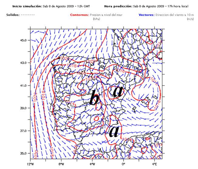 Fig.7. Simulación de la presión a nivel del mar y de la dirección del viento a 10m realizada por el modelo PROMES inicializado a las 12Z UTC del día 8 de agosto de 2009 para las 15Z del mismo día. En este mapa queda patente la formación de un dipolo orográfico en el este de la Comunidad Manchega.
