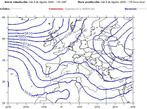 Fig. 8. Simulación de la altura geopotencial en el nivel de 500hPa (en mgp) realizada por el modelo GFS inicializado a las 12Z del día 8 de agosto de 2009 para las 15Z del mismo día. Observamos una vaguada dominando sobre la mitad este del país, inestabilizando la atmósfera.