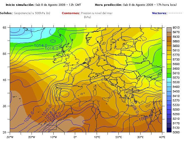 Fig. 9. Simulación de la altura geopotencial en el nivel de 500hPa (en mgp y coloreada) y la presión a nivel del mar (en hPa en línea continua) realizada por el modelo GFS inicializado a las 12Z del día 8 de agosto de 2009 para las 15Z del mismo día. En él se puede ver la confluencia de tres masas de aire distintas, factor detonante para la formación de tormentas.