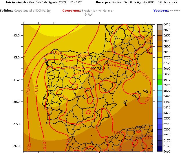 Fig. 10. Simulación del geopotencial en el nivel de 500hPa y del campo de presión al nivel del mar realizada por el modelo PROMES inicializado a las 12Z UTC del día 8 de agosto de 2009 para las 15Z del mismo día. El centro de bajas presiones relativas en la vertical delantera de la vaguada facilitó la formación de fenómenos convectivos.