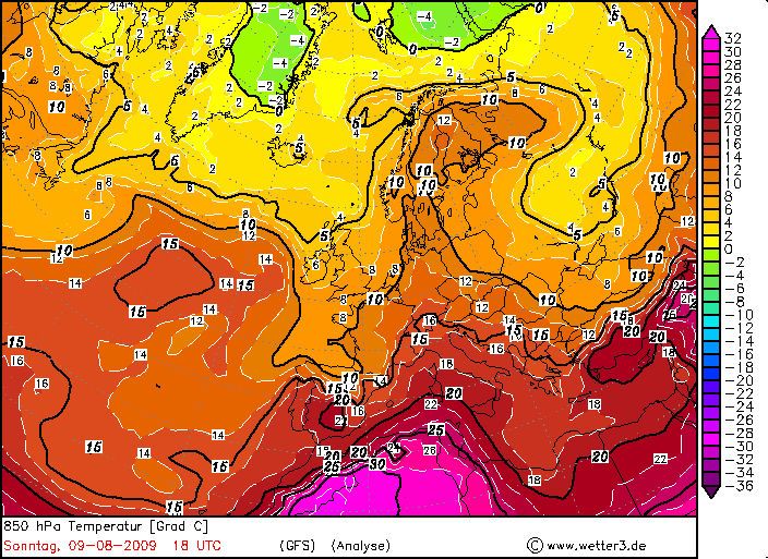 Fig. 11. Simulación de la altura geopotencial (en m) y de la temperatura en el nivel de 850hPa(en ºC) realizada por el modelo GFS inicializado a las 00Z UTC del día 8 de agosto de 2009 para las 12Z y 18Z del mismo día. (Fuente: www.wetter3.de)