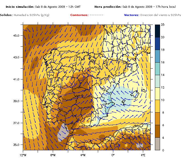 Fig. 14. Simulación de la humedad a 2m del suelo realizada por el modelo PROMES inicializado a las 12Z UTC del día 8 de agosto de 2009 para las 17Z del mismo día junto con el campo de viento. Se observa un “dipolo higrométrico”: una masa de aire húmeda de procedencia marítima y otra seca terrestre.