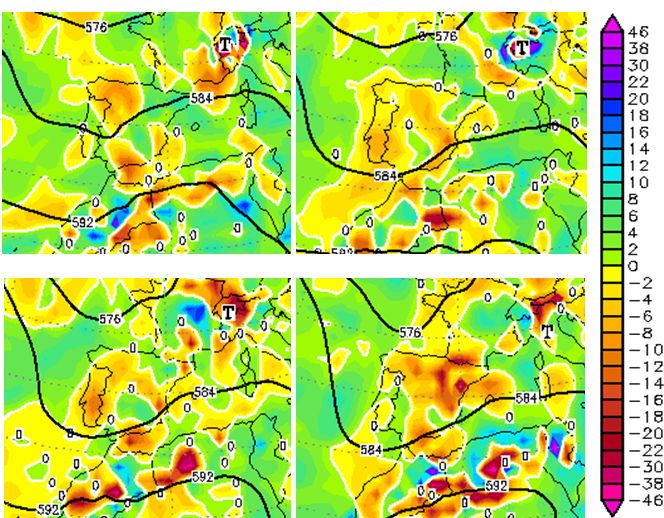 Fig. 16. Simulación de la altura geopotencial (contornos, en mgp) en 500hPa así como la velocidad vertical (colores, en hPa/h) realizada por el modelo GFS inicializado a las 00Z del día 8 de agosto de 2009 para las 00 (izq. superior y en sentido horario), 06, 12 y 18Z del mismo día. Valores negativos representan las corrientes ascendentes y los positivos las descendentes.