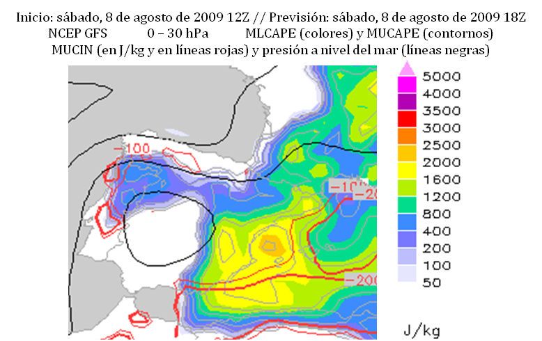 Fig. 18. Valores del CAPE y del CIN (ambos en J/kg) realizados por el modelo GFS inicializado a las 12h UTC del día 8 de agosto de 2009 para 6 horas después. FALTA INDICAR CÓMO SE PRESENTAN, ESCALAS, LINEAS (está encabezando el mapa)