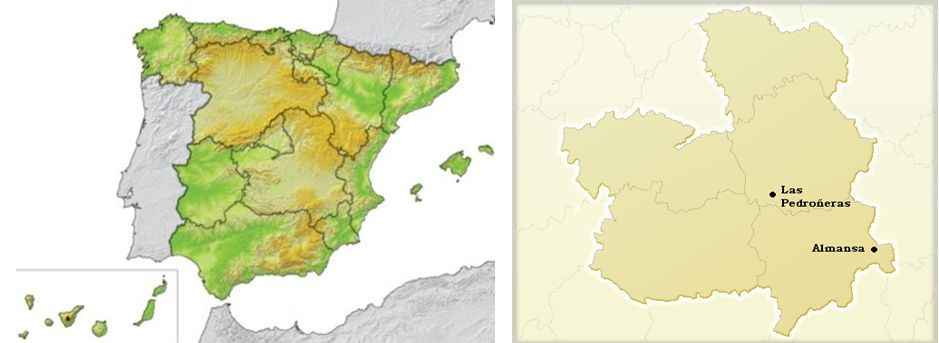 Fig. 1. A la izquierda, el mapa físico y político de España; a la derecha, la localización de las provincias de las localidades de Almansa (Albacete) y de Las Pedroñeras (Cuenca). Ambas se encuentran en la mitad este de la Meseta Sur de la península Ibérica.