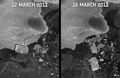 Imágenes tomadas por el Satélite Envisat Imágenes tomadas por el satélite Envisat con su sensor Advanced Synthetic Aperture Radar, el 12 y 16 de marzo de 2011. La formación de nuevos icebergs se puede ver claramente en la imagen de la derecha. Créditos: ESA