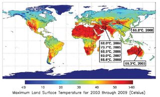 La temperatura más alta de la “piel” de la Tierra (periodo 2003-2009)