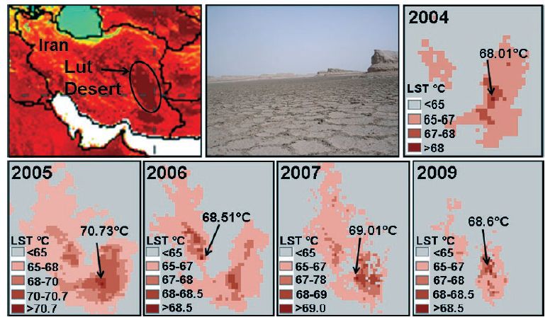 Figura 2. El desierto de Lut Figura 2. El desierto de Lut tiene una extensión de 80.000 km2. Las áreas extensas del desierto de Lut exceden regularmente de los 65.0°C, y el punto más caliente en la Tierra fue detectado en el Lut en cinco de los siete años analizados. (Fotografía cerca Jafar Sabouri.) Fuente BAMS.