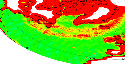 HI-RES HI-RES Al igual que la contaminación de los datos de humedad del suelo, las interferencias de radiofrecuencia también afectan a los datos de salinidad de los océanos. Un arco de contaminación, que se debe a la interferencia de los sistemas de radar en Norteamérica, se puede ver claramente cómo se extiende por el Océano Ártico. La interferencia muestra una ‘temperatura de brillo’ mucho mayor que las ‘temperaturas de brillo’ relativamente estables en los océanos. La situación puede mejorar en un futuro próximo, ya que hay planes para la renovación de redes en Norteamérica. Créditos: ESA