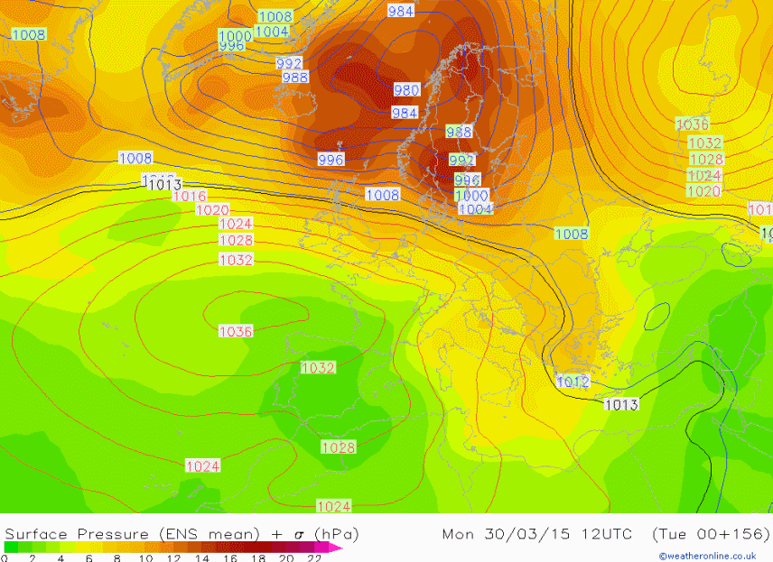 Secuencia de los mapas de presión media en superficie y dispersión del 30 de marzo a 6 de abril a las 12 UTC según modelo probabilista GFS-ENS.