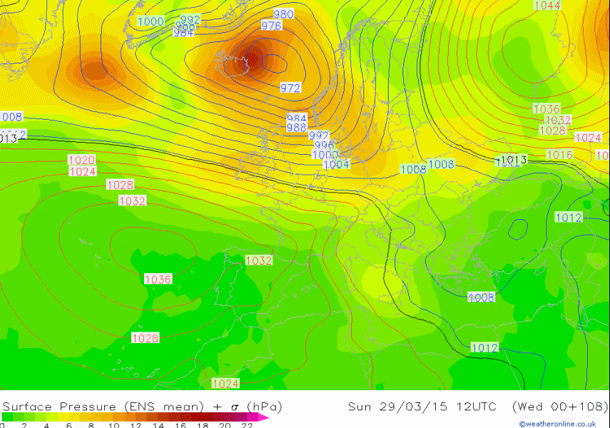 Secuencia de los mapas de presión media en superficie y dispersión del 29 de marzo a 6 de abril a las 12 UTC según modelo probabílista GFS-ENS. Salidas del 25 de marzo de 2015
