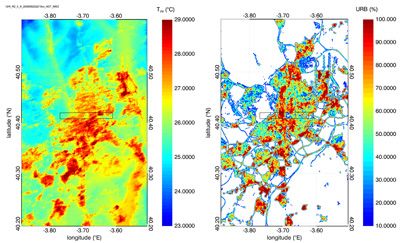 Las zonas más frías y calurosas de Madrid a vista de satélite. Las zonas más frías y calurosas de Madrid a vista de satélite. Créditos: VITO, Indra, Planetek, European Environmental Agency