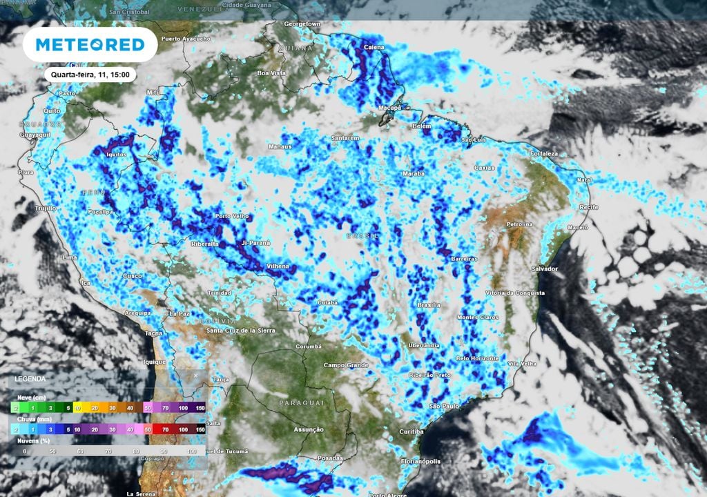 Previsão de nebulosidade e chuva nesta quarta-feira durante a tarde ilustra regiões que serão mais afetadas pelas pancadas de chuva, que acontecem especialmente durante a tarde e a noite.