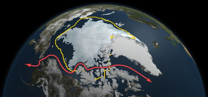 Los datos basados en los satélites de la NASA revelan cómo este año el grado mínimo del hielo marino fue alcanzado el 9 septiembre de 2011 según lo representado aquí, disminuido a un nivel lejos más pequeño que el promedio de 30 años (en amarillo) y abriendo el Paso del Noroeste, libre de hielo (en rojo). Crédito: NASA