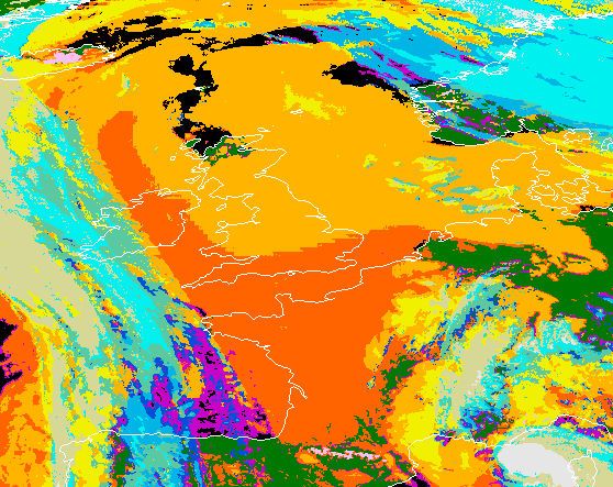 Imagen de clasificación de tipo de nubes del SAF de Nowcasting de las 12 UTC del 8 de noviembre de 2011: nubes bajas y muy bajas en naranja claro y oscuro, respectivamente. Otras nubes en otros colores. Fuente: AEMET.