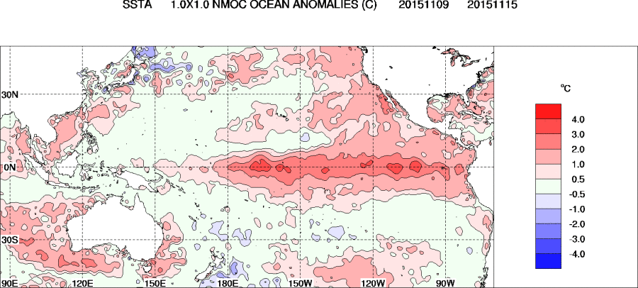 Animación de las anomalías de la temperaturas de la superficie, SST, del Pacífico ecuatorial, actualizadas. Fuente: Oficina Meteorológica de Australia