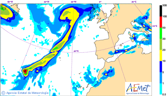Precipitación prevista para el 24 a las 06 UTC en 6 horas y en mm, según escala adjunta. Precipitación prevista para el 24 a las 06 UTC en 6 horas y en mm, según escala adjunta.