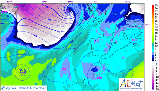 Mapa de 850 hPa: geopotencial en línea continua y temperatura según escala adjunta. Mapa de 850 hPa: geopotencial en línea continua y temperatura según escala adjunta.