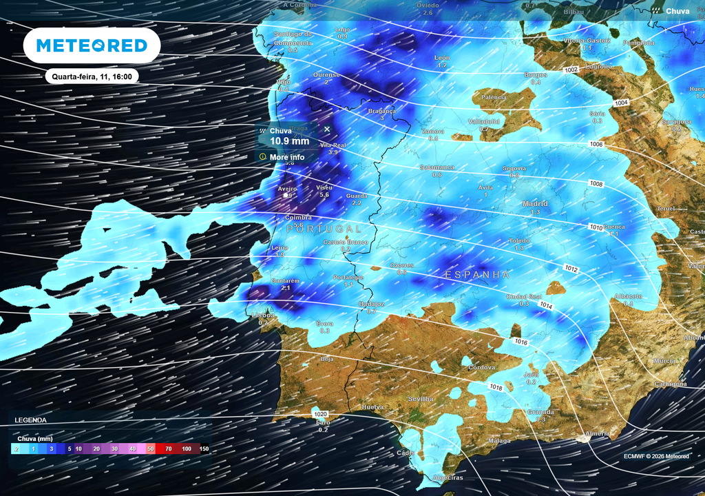 Chuva moderada a forte no Norte e Centro, com maior persistência no distrito de Coimbra, onde os acumulados horários mais elevados agravam o cenário de cheias.