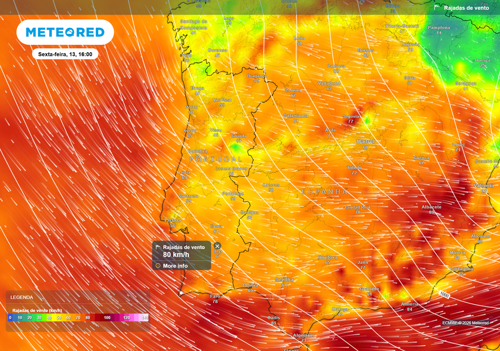 Vento forte generalizado no Continente, com rajadas que podem ultrapassar os 80 km/h em várias regiões, sobretudo em todo o litoral.