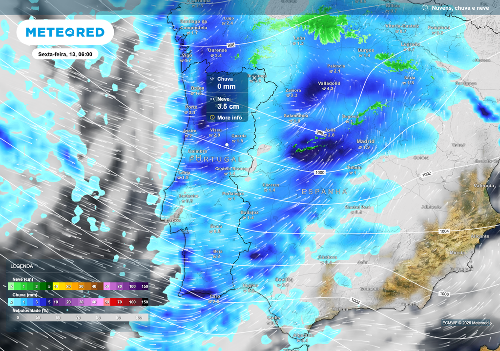 Precipitação generalizada na madrugada de sexta-feira (13), com chuva a abranger grande parte do território e queda de neve nas terras altas do Norte e Centro, onde os modelos indicam acumulações superiores a 3 cm por hora, sobretudo nas zonas mais elevadas da Serra da Estrela