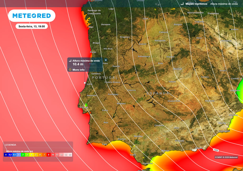 Agitação marítima muito significativa ao longo de toda a costa portuguesa, com previsão de ondas que podem atingir ou superar os 10 metros de altura máxima.
