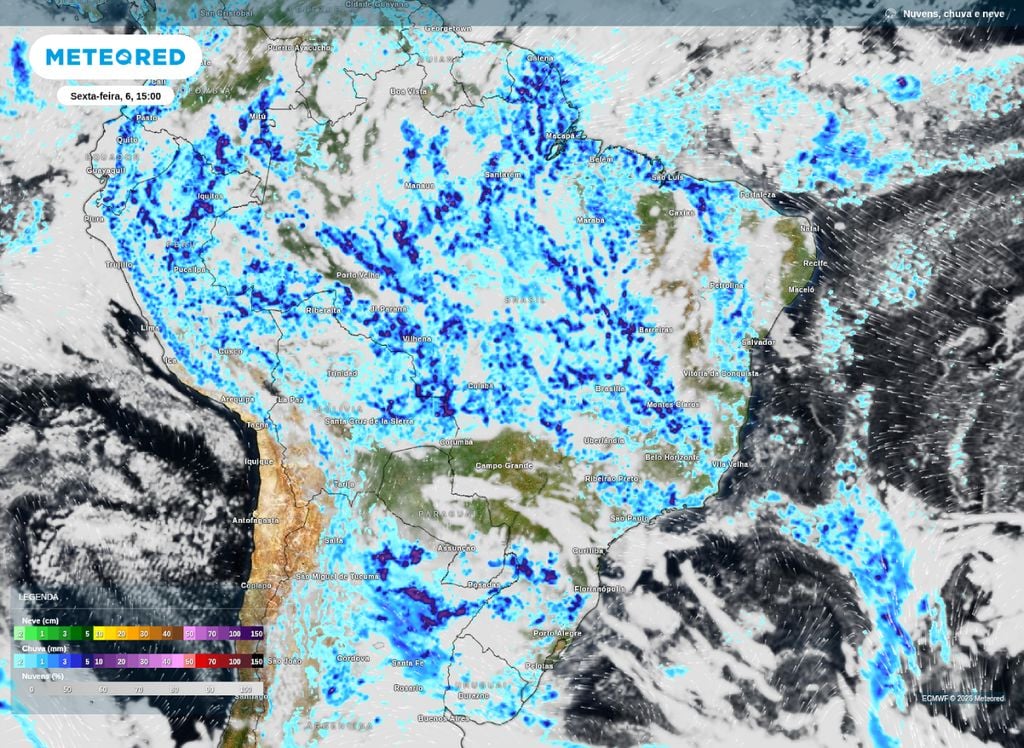 Mapa da previsão de chuva e nebulosidade para a tarde desta sexta-feira (6).