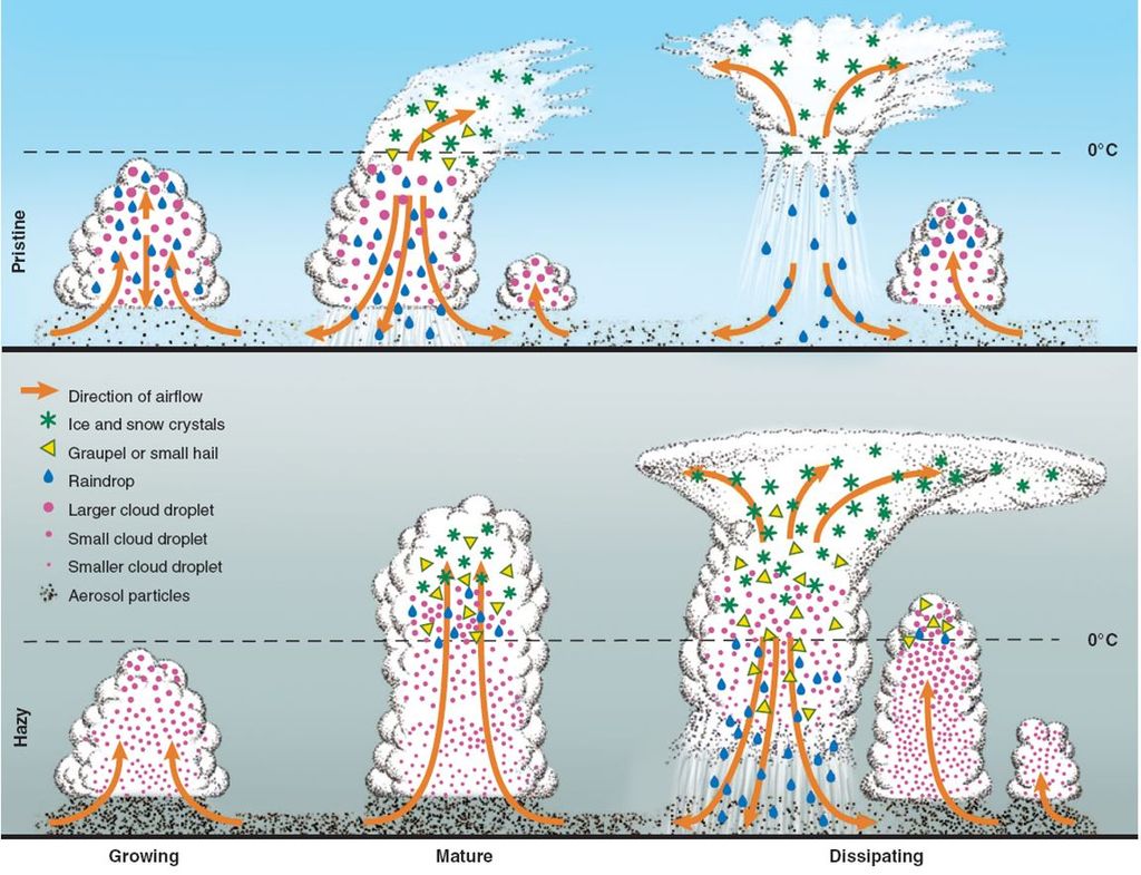 Figura 2.- Esquema comparativo del desarrollo de tormentas con el aire más limpio (arriba) y más sucio, con presencia de más aerosoles en el aire (abajo) Figura 2.- Esquema comparativo del desarrollo de tormentas con el aire más limpio (arriba) y más sucio, con presencia de más aerosoles en el aire (abajo)