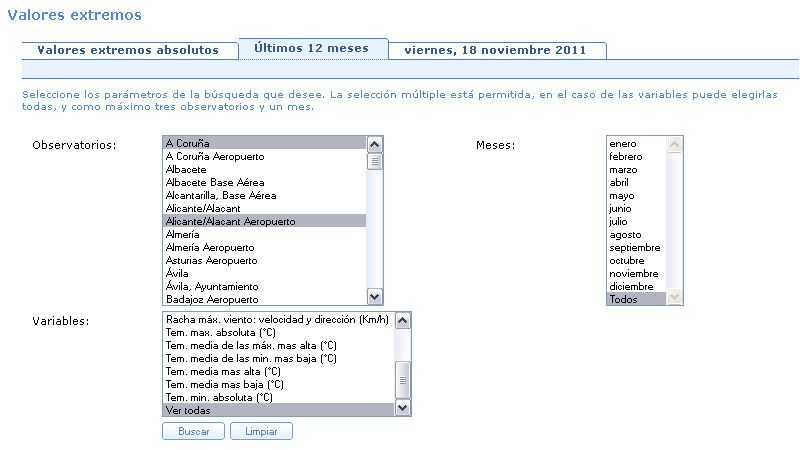 Figura 4. Valores extremos de los últimos 12 meses alcanzados en el Aeropuerto de Alicante Figura 4. Valores extremos de los últimos 12 meses alcanzados en el Aeropuerto de Alicante, con datos a fecha de 31 de octubre de 2011. Fuente: AEMET