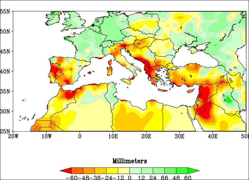 Figura 1. Tendencias en la precipitación en las zonas mediterráneas Figura 1. Tendencias en la precipitación en las zonas mediterráneas: los colores rojos y los naranjas destacan las tierras alrededor del Mediterráneo que experimentan inviernos perceptiblemente más secos durante el periodo 1971-2010 que el período de comparación de 1902-2010. (Wikimedia)