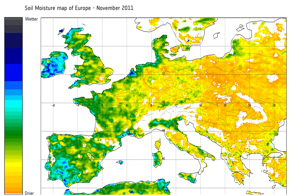 Humedad superficicial terrestre en Europea estimada por satélite: comparativa nov. 2010- nov. 2011