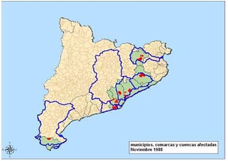Figura 3 Municipios, comarcas y cuencas afectadas en el episodio de inundaciones de Noviembre de 1988.