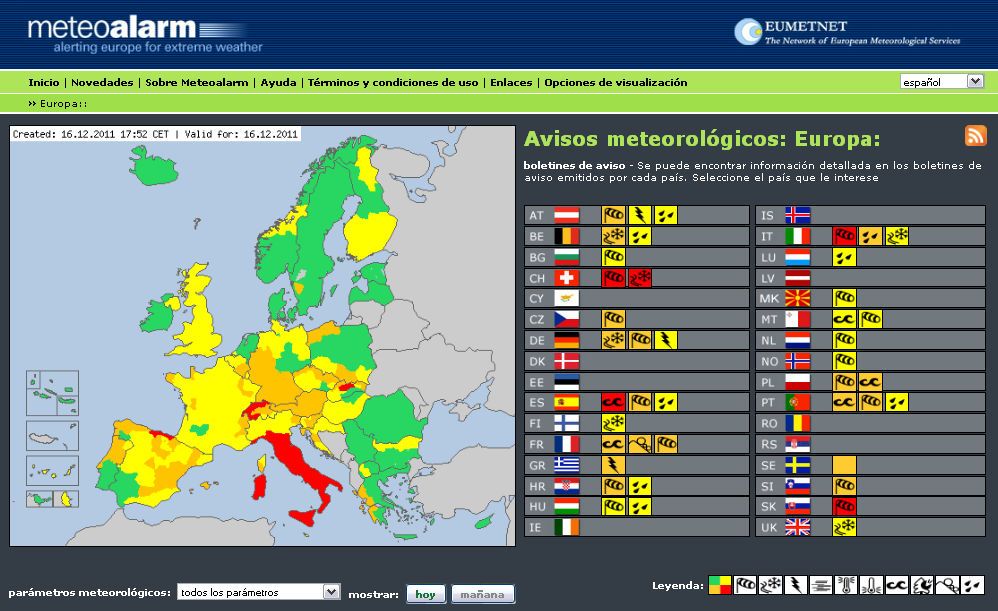 Avisos meteorológicos para Europa, según el sistema de meteoalarm.