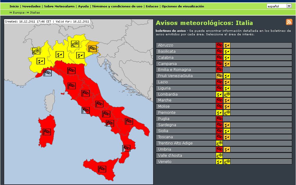 Avisos meteorológicos para Italia, según el sistema de meteoalarm.