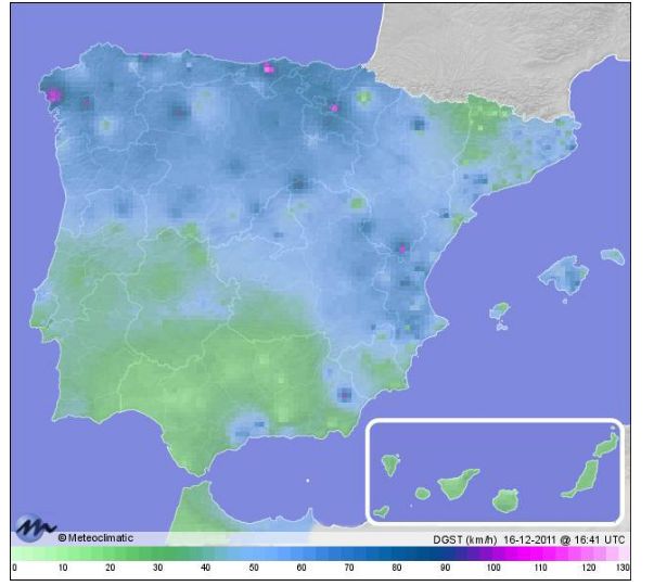 Rachas observadas por la red de aficionados de Meteoclimatic a la fecha y hora señalada en la figura.