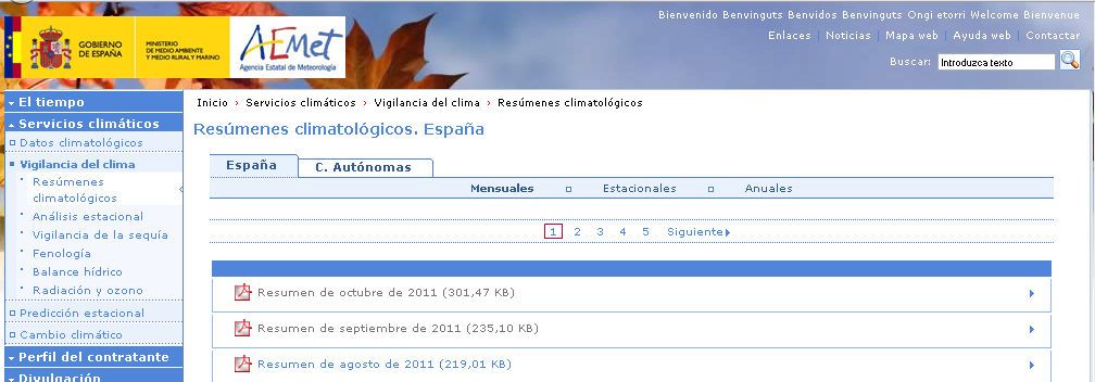 Figura 2. Página de resúmenes climatológicos de España y Comunidades Figura 2. Página de resúmenes climatológicos de España y Comunidades. Fuente: AEMET