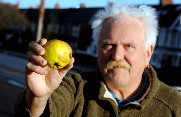 Figura 2.- Un residente de la zona donde cayeron las manzanas muestra una de ellas. Figura 2.- Un residente de la zona donde cayeron las manzanas muestra una de ellas.