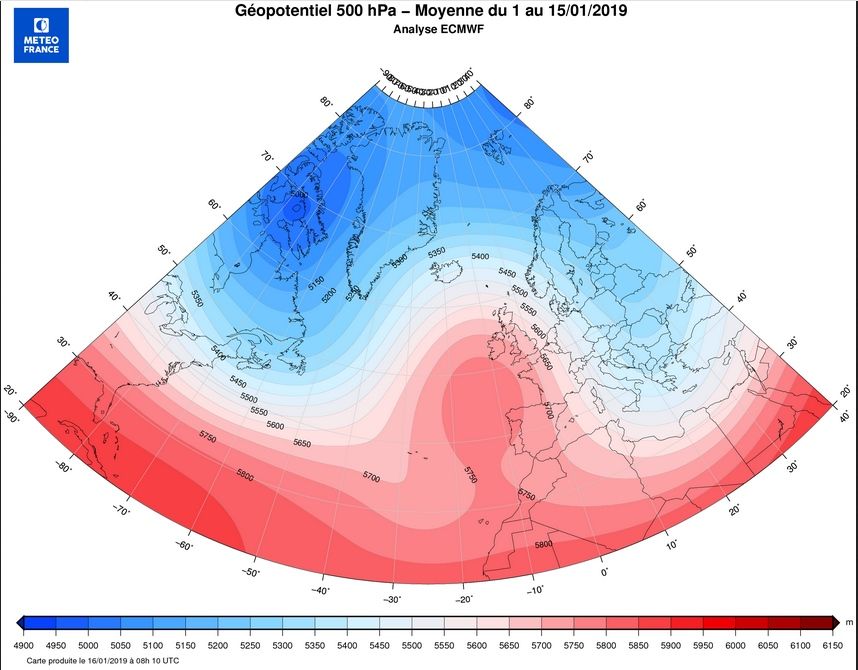 Los promedios durante la primera quincena de enero de 2019 desde el geopotencial a 500 hPa. Los promedios durante la primera quincena de enero de 2019 desde el geopotencial a 500 hPa.
