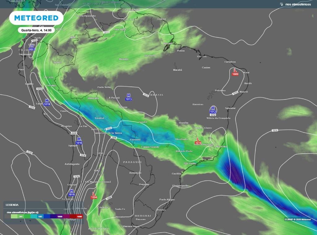 Canal de umidade proveniente da Região Norte em direção ao Sudeste do país favorece a ocorrência de instabilidades especialmente no norte de São Paulo, em Minas Gerais e no Rio de Janeiro nos próximos dias