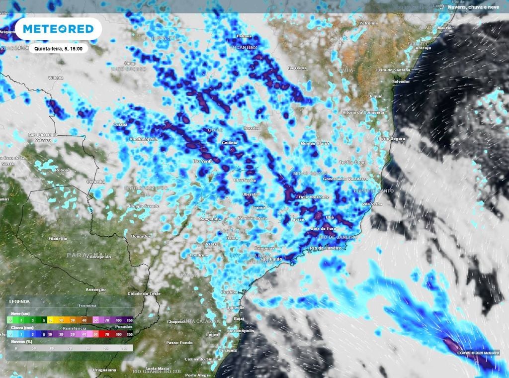 Previsão de precipitação (em mm) para a quinta-feira (5) à tarde (15h), segundo o modelo europeu ECMWF.