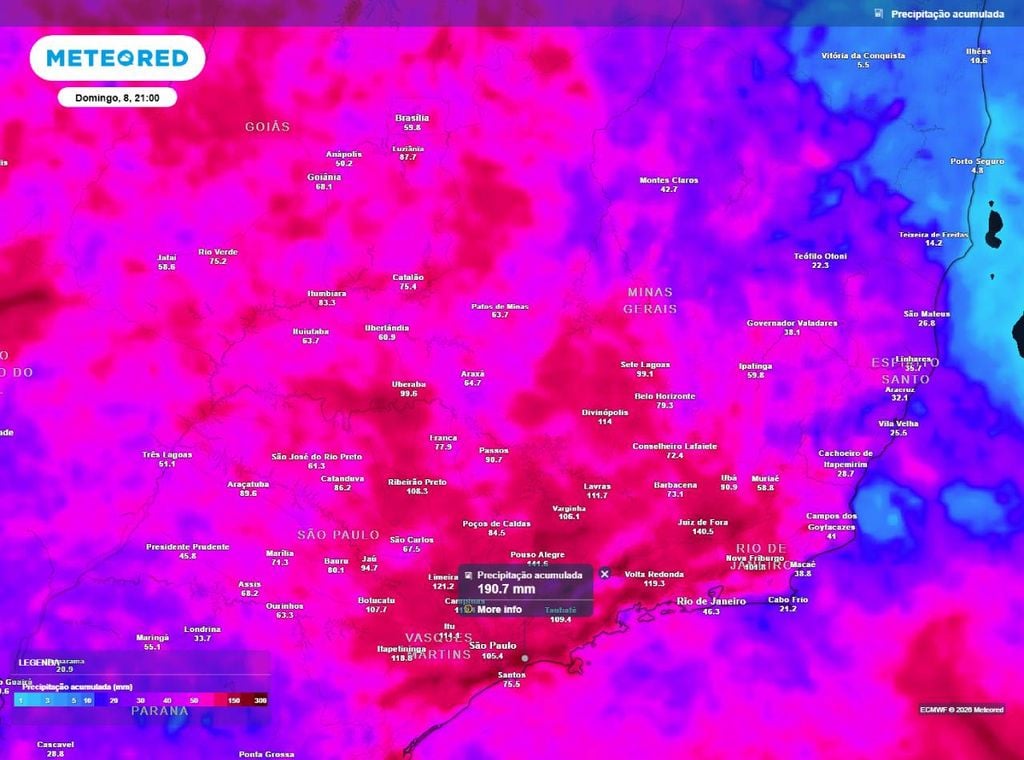 Previsão do acumulado de precipitação (em mm) até o domingo (8) à noite (21h), segundo o modelo europeu ECMWF.